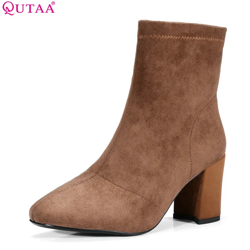 

QUTAA 2018 Women Winter Ankle Boots Square Toe Flock + Pu Zipper Fashion Solid Square High Heel Ladies Ankle Boots Size 33-39
