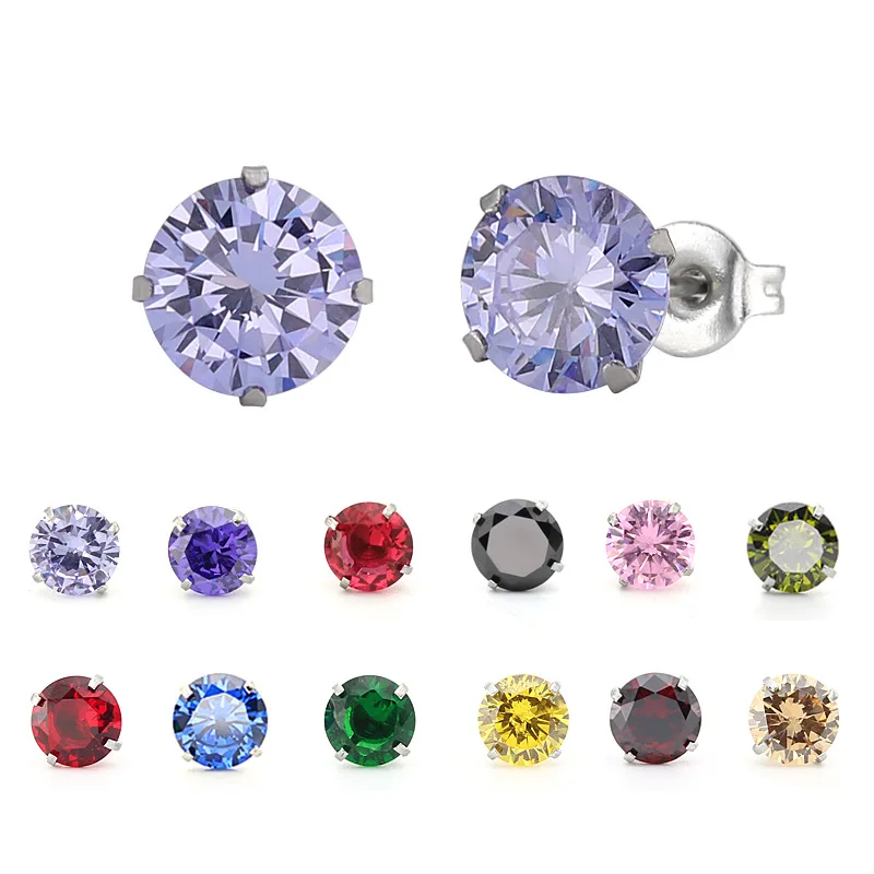 Серьги гвоздики из нержавеющей стали 316L с фианитом 6 мм 14 цветов|stud earrings|stone stud