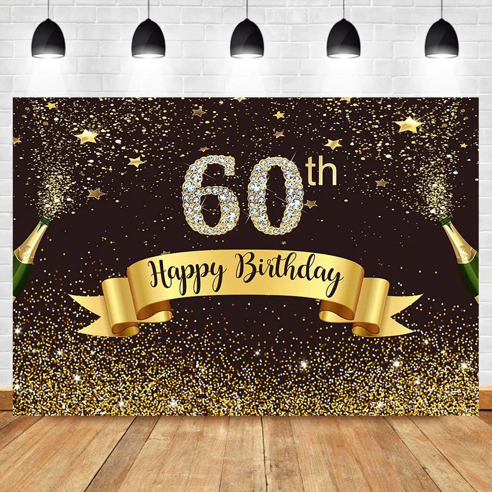

Neoback Happy 60th Birthday Photo Backdrop Gold Glitter Bokeh Shiny Photography Background Diamond Beer Celebrate Backdrops