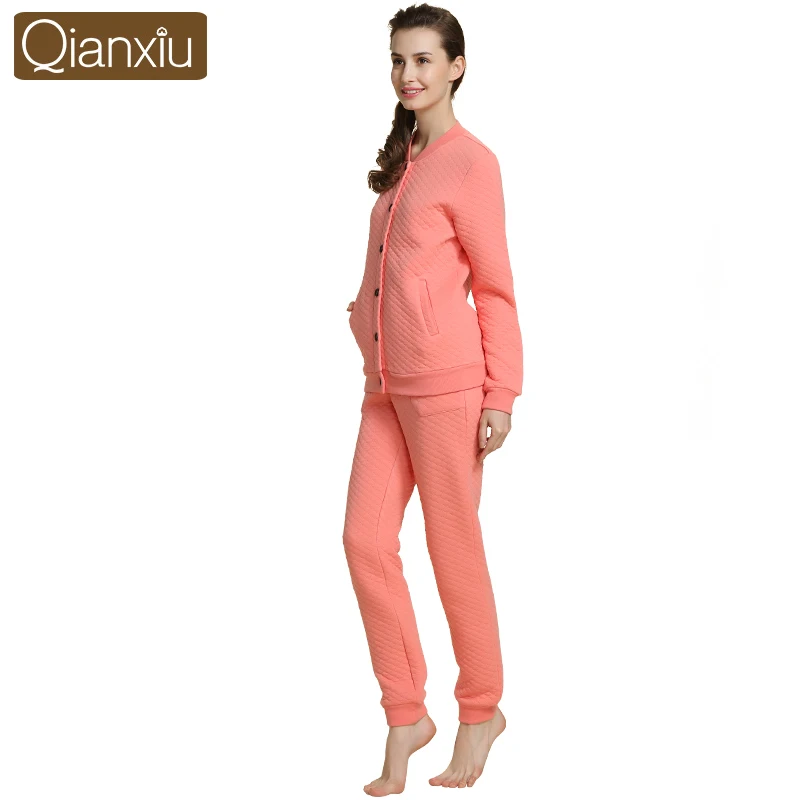 Осенний бренд Qianxiu, повседневные женские теплые пижамные комплекты, Женский хлопковый Пижамный костюм из модала, пальто с длинным рукавом и круглым воротником+ штаны - Цвет: Orange