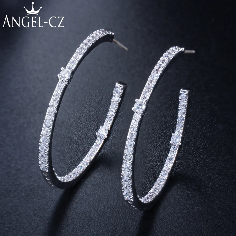 

Angelcz Designer Micro Pave Double Side Cubic Zirconia 925 Silver Pins Circle Loop Jewelry Women Large Round Hoop Earrings AE230