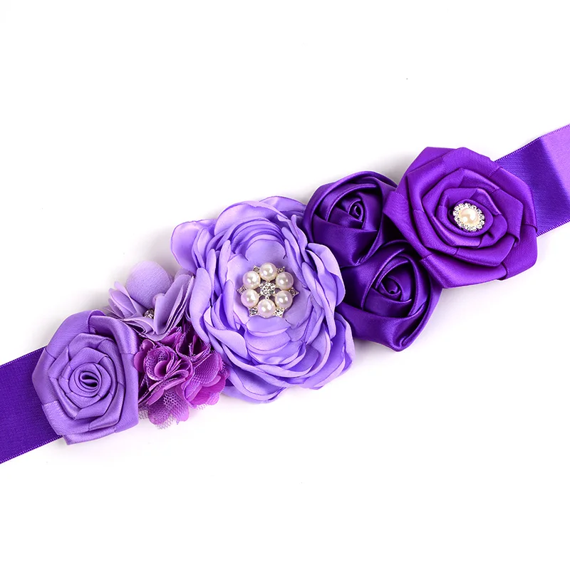 Purple Kids Flower Belt Girls Wedding Flower Girl Sash Belt for Dress Satin Rhinestone Maternity Sash Photo Prop Baby Shower