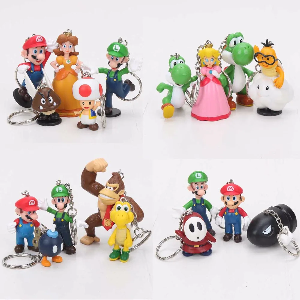 Super Mario 18pcs/set PVC Super Mario Bros keychain Luigi Yoshi Peach Mushroom Toad Shy Guy Action Figures Gift OPP retail