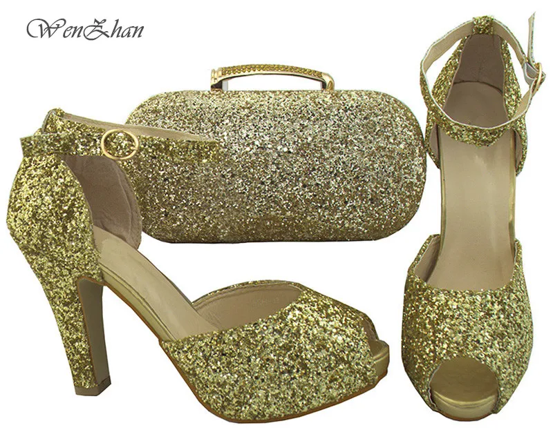 

New Year Design Matching Italian Shoe and Bag Set Decorated With Bling Nigerian Wedding Shoes and Bag Set Gold Color B712-30