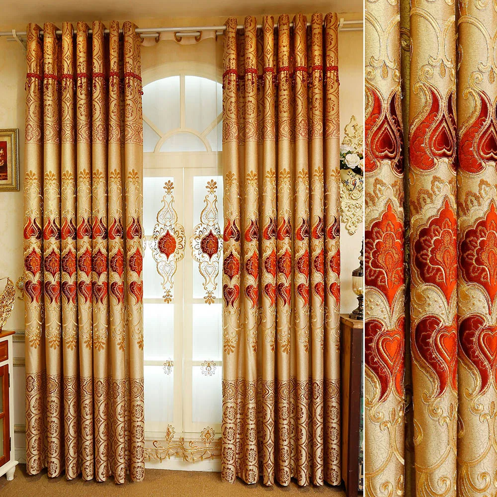 

European Embroidery Shading Red Elegant Curtains for Living Dining Room Bedroom.