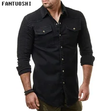 Spring autumn New Men Shirt Long Sleeve Male Shirt Cotton Solid color Fold Mens Shirts Casual Slim Fit Men coat black 3XL