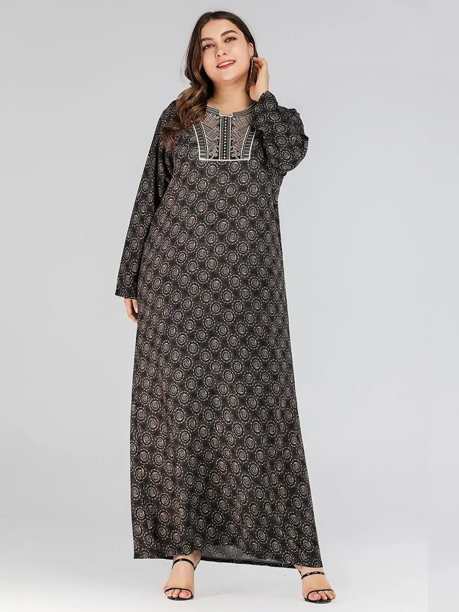 Вышивка abaya Длинное Макси-платье рубашка мусульманская женская Бохо Повседневная Дубай плюс размер Винтажная с длинным рукавом o-образным