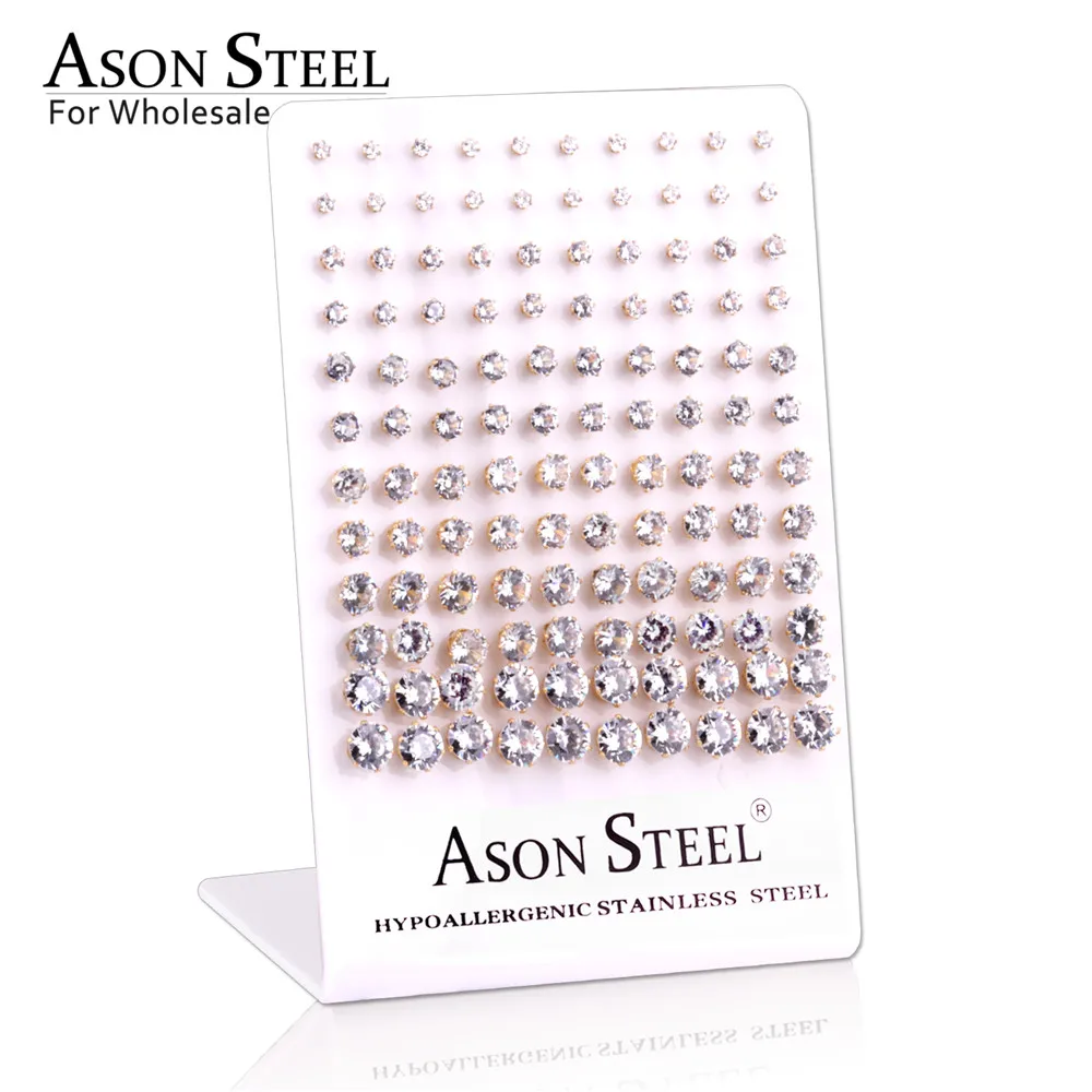 ASON steel 60 пар/лот,, прозрачные серьги-гвоздики, круглые гипоаллергенные серьги из нержавеющей стали, размер 3-8 мм(каждый размер 10 пар - Окраска металла: 2