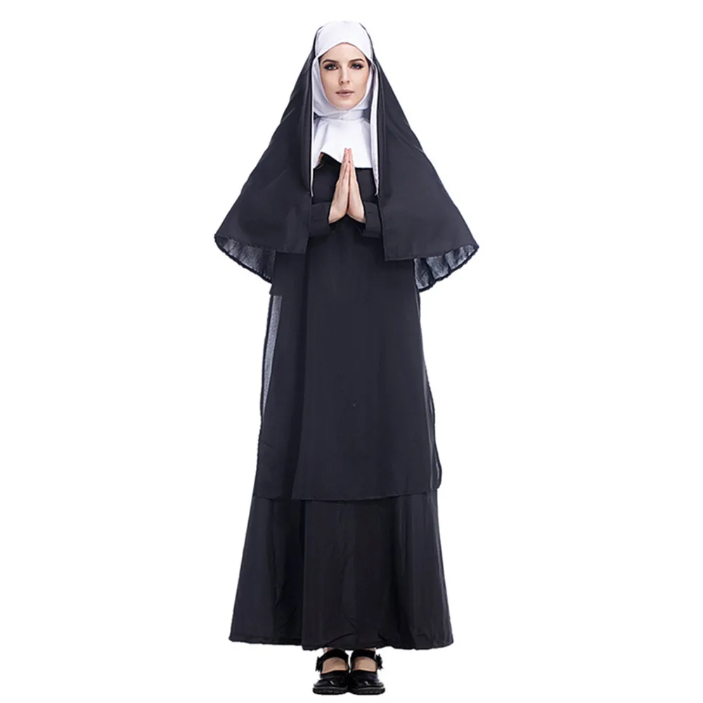 Женские костюмы Девы Марии, монашки, сексуальные длинные черные монашки, костюм, Арабская религия, монашеская Униформа призрака, Хэллоуин - Цвет: Черный
