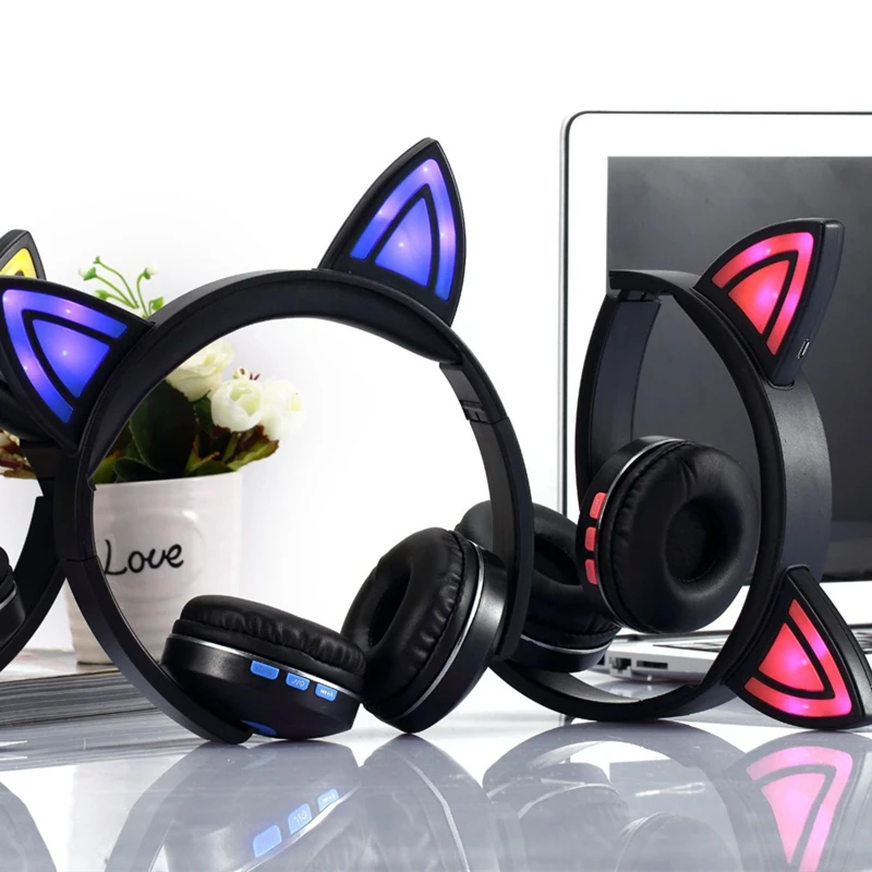 Cue Cat LED Foldable Bluetooth Headphone Wireless Headset Headband Stereo Earphone with Mic for Mobile Phone PC Gift Girls Kids