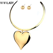 VIVILADY, модные подвески в виде сердца, ювелирные наборы для свадьбы, для женщин, золотой цвет, цинковый сплав, цепочка с кругами, чокеры, ожерелья, серьги, подарки
