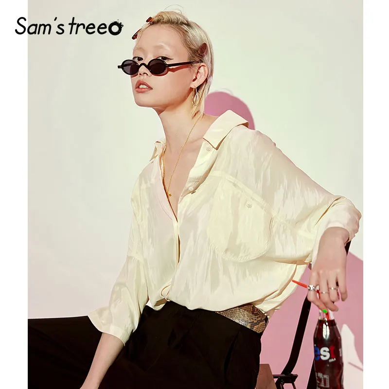 Samstree бежевый однотонный Атлас минималистичный стиль женские блузки мода чистый рукав-Волан Повседневная Офисная Женская основа Топы