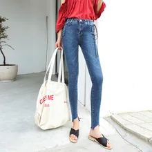 2019 Spring New Women's Skinny High Waist Wild Ankle Length Jeans Women Casual Lace Up Frayed Pencil Pants Plus Size plus size frayed pencil jeans