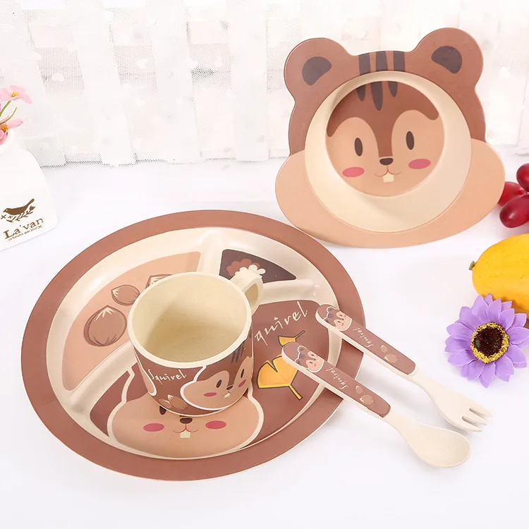 Детская Экологическая посуда, набор из бамбукового волокна, три столовых набора из 5 предметов, разные стили, дизайн детской посуды - Цвет: squirrel
