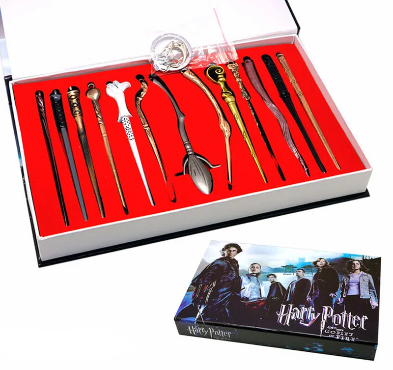 13PCS/Set Harry Potter Magic Wand Set Creative Magic Tricks Kids Cosplay Toys Keychain Pendant Gift Box Packing 