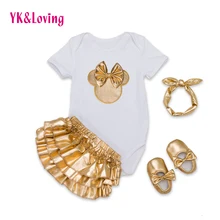 YK&Loving Infant Brand Baby Clothing Sets Cotton Baby Girl Short Sleeve Bodysuit+Gold Ruffles Bloomers+Headband+Shoes Newborn