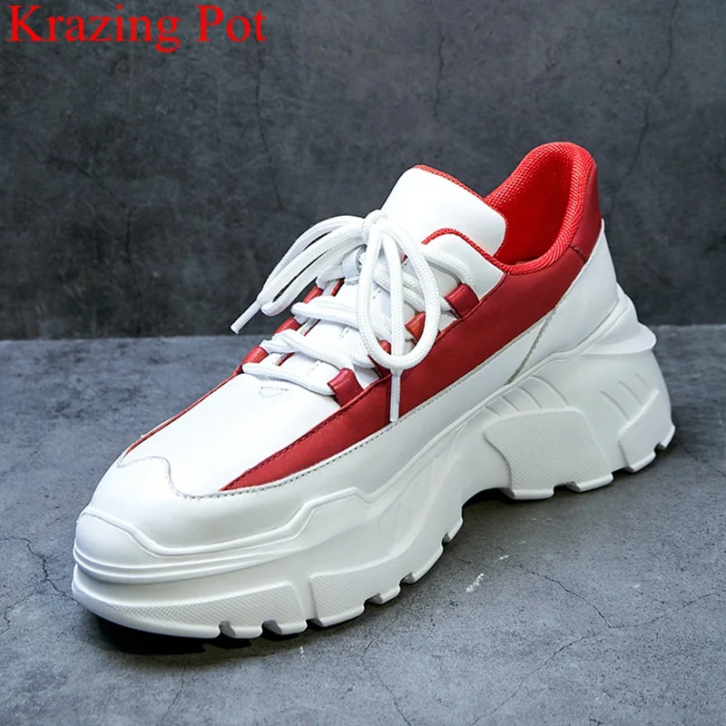 

superstar cow leather high heels platform lace up mixed colors sneaker round toe increasing casual women vulcanized shoes L14