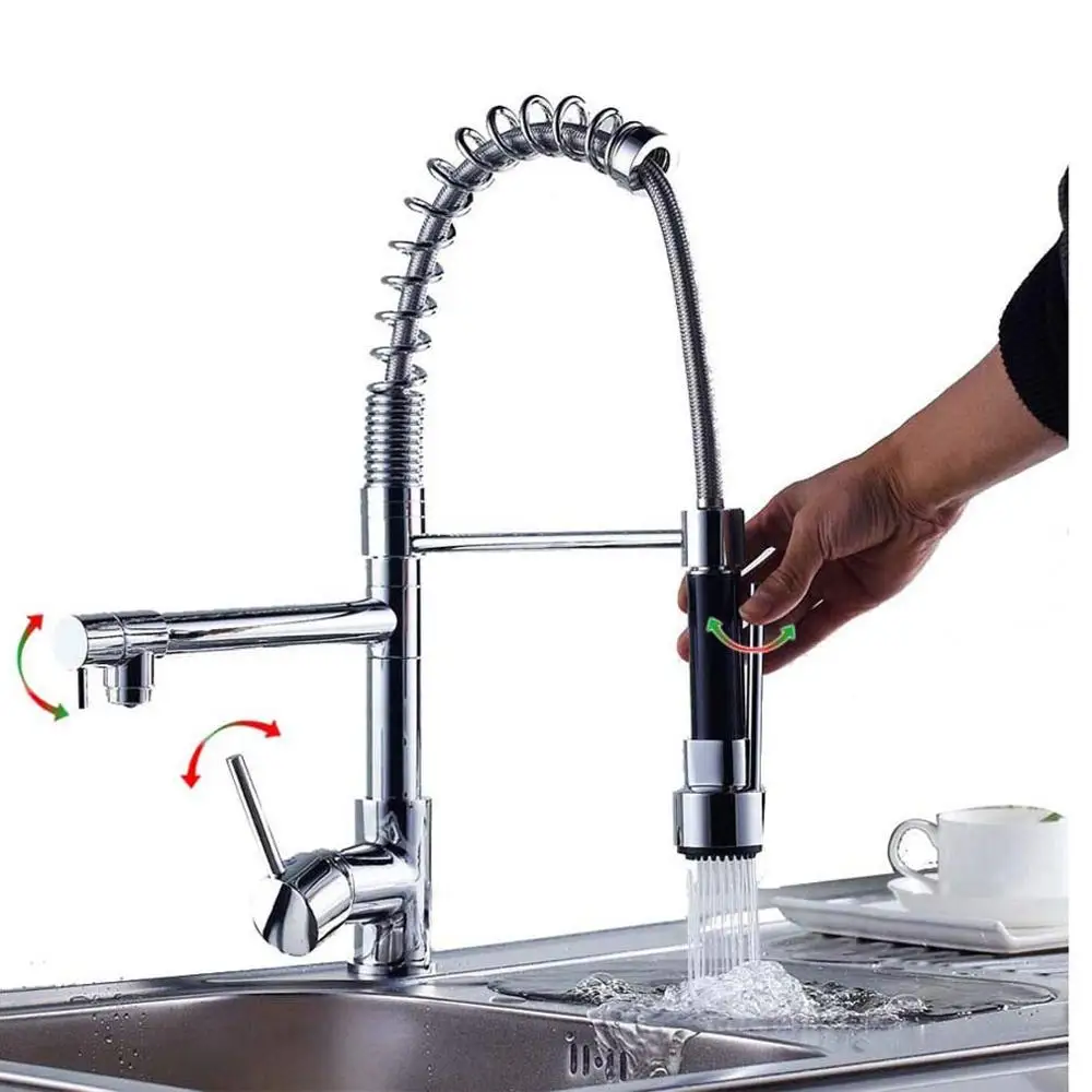 

Chrome Pull Down Kitchen Faucet 360 Swivel Dual Spouts Hot Cold Mixer Kitchen Taps 2 Outlet Spring Mixers