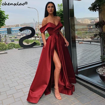 

Elegant 2019 Evening Dress Satin A-Line Off The Shoulder Split Floor Length Evening Dresses Formal Party Gowns Vestidos