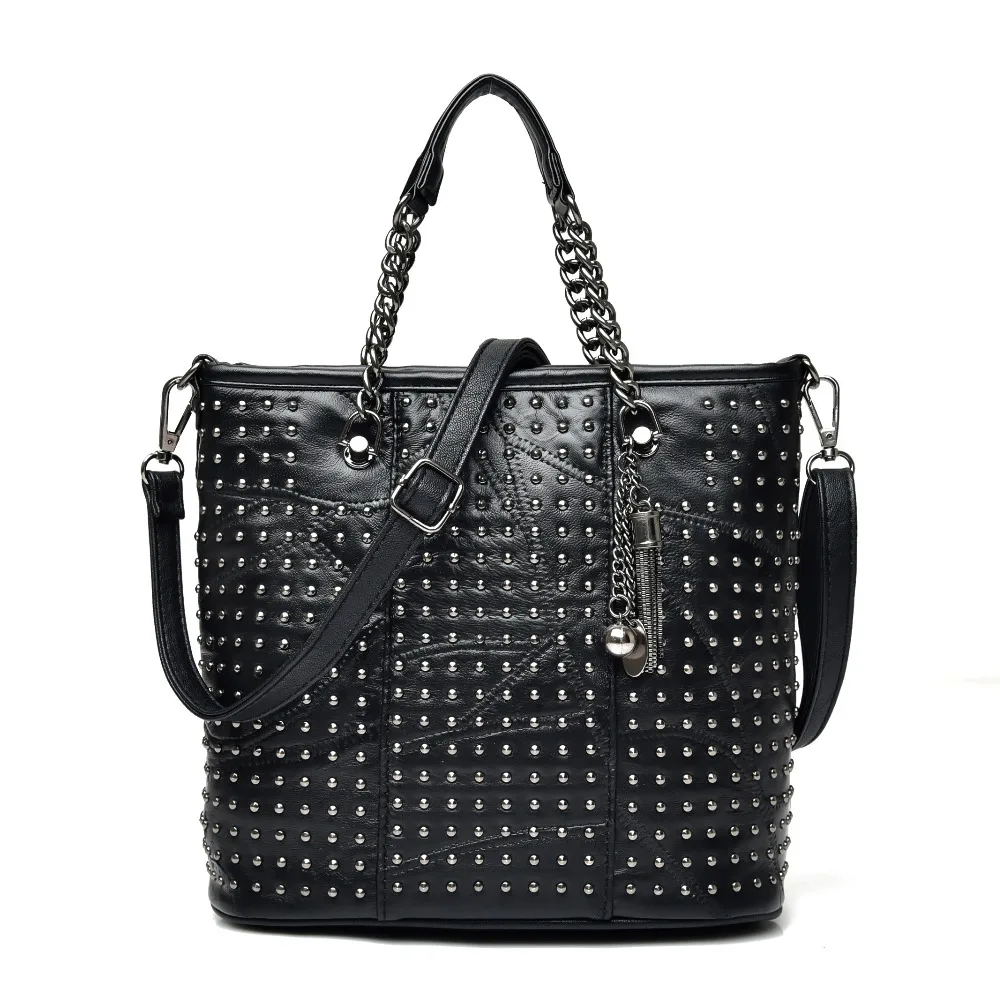 Punk Style Tote Bags for Women 2017 Rivets Shoulder Bag Female Black