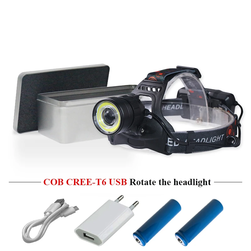 

Hard Light COB head lamp zoom USB headlight far and near dual light source camping headlamp 18650 waterproof torch lampa czolowa