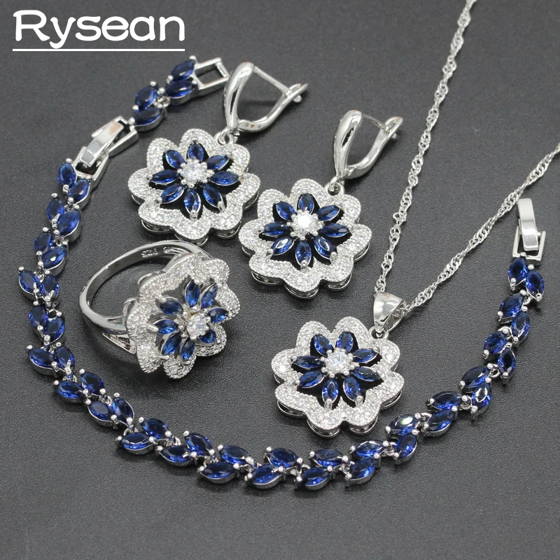 

925 Sterling Silver Jewelry Sets For Women Marquise Cut Blue White Zirconia Necklace Pendant Bracelet Ring Long Earrings