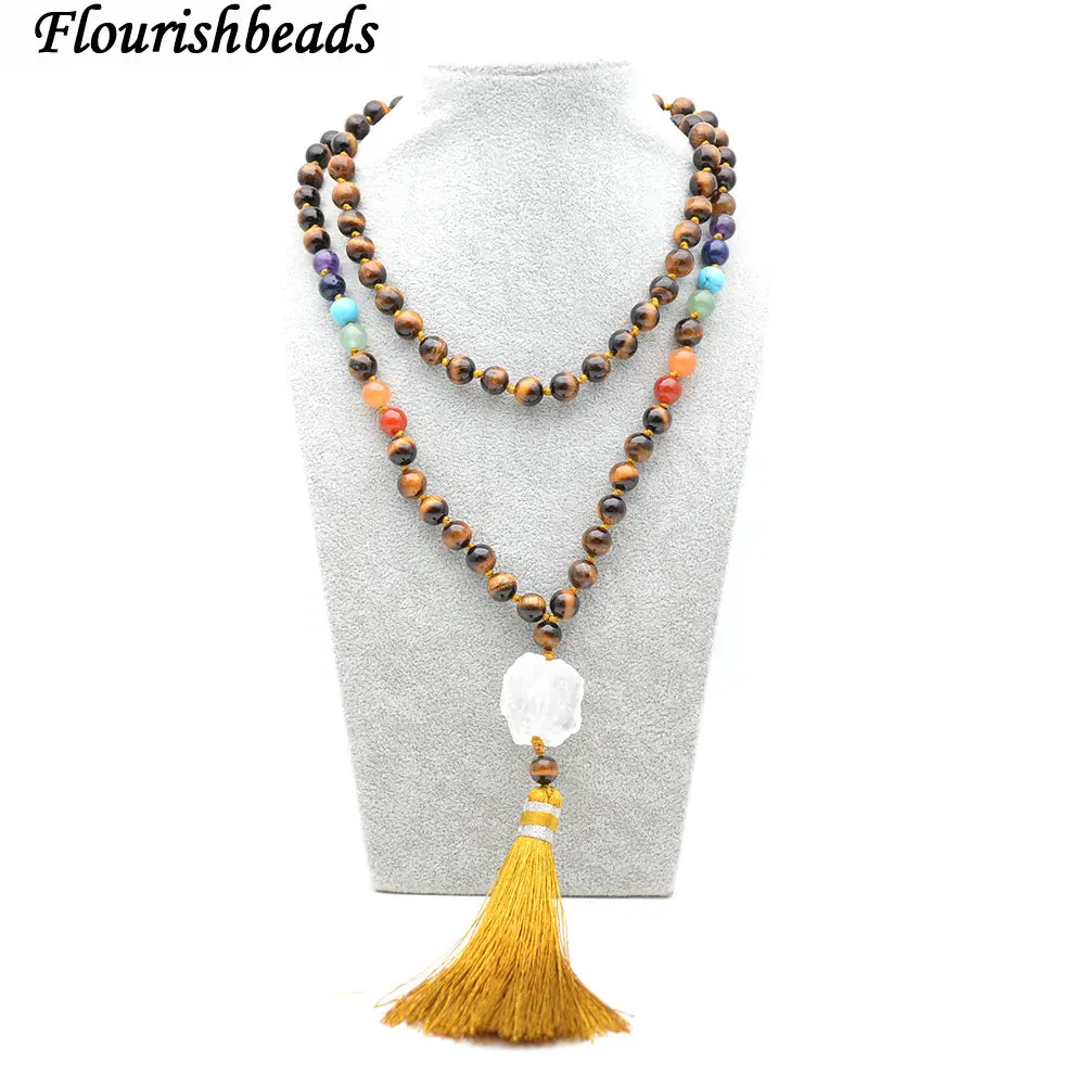 

Natural Yellow Tiger Eye Stone Round Beads Long Chains Rough Crystal Nugget Pendant Tassel Chakra Necklace Fashion Party Jewelry