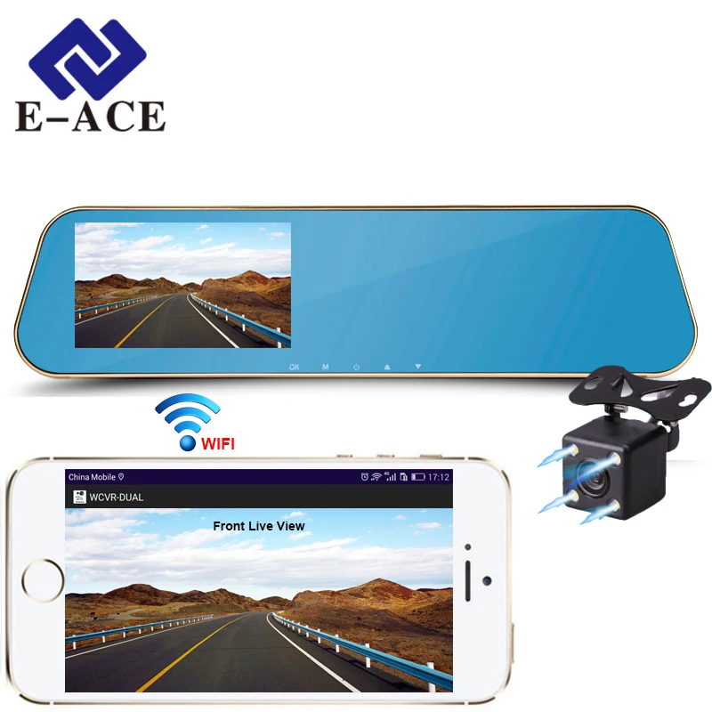 E ACE Wi Fi зеркало заднего вида автомобиля видеомагнитофон DVRs Full HD авто камера