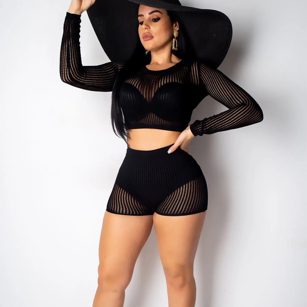 

Women Summer Beach Bikini Cover-up Ladies Lace Crochet Swimsuit Cover Up Swimwear 2Pcs Mesh Push Up Top+Fishnet Shorts Beachwear