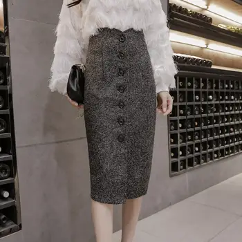 

Autumn Winter Women High Waist fashtion Knee Length Pencil Skirt Female Woolen Single Breasted Midi Saia Office Faldas Mujer X02