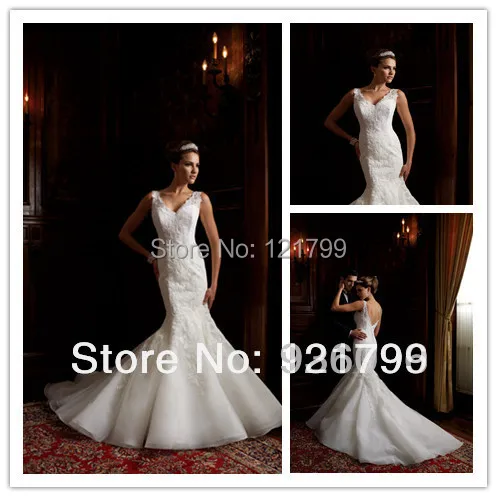 2014 New Arrival Luxury Mermaid Lace Wedding Dresses V-neck Chapel Train Backless Tulle Bridal Gowns Free Shipping zj282 | Свадьбы и