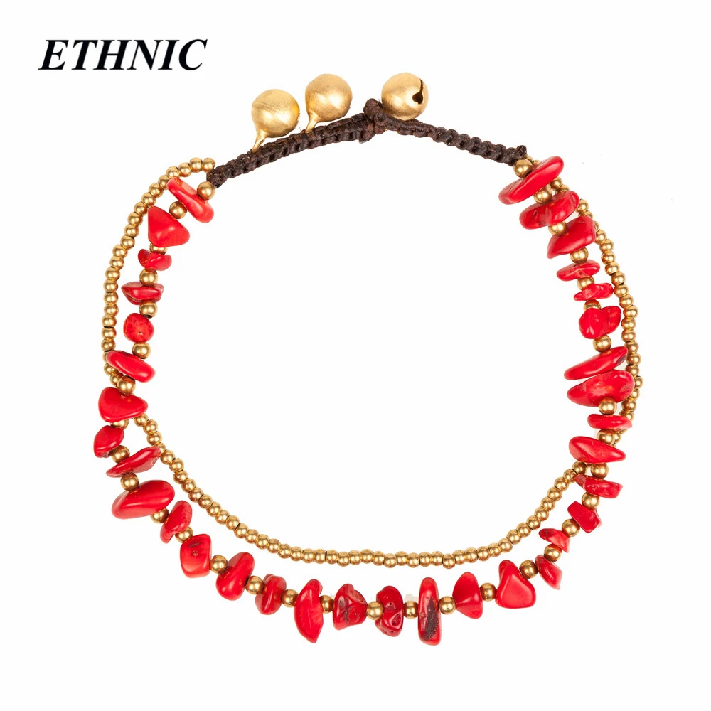 

ETHNIC Summer Bohemian Natural Stone Two Layers Gold-Color Beaded Chain On Foot Anklets for Women Beach Fashion Anklet