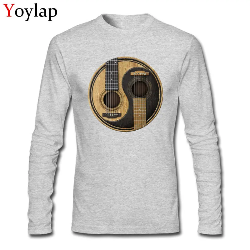 2017 Yin Yang Design Old And Worn Acoustic Guitars T-shirt For Men Long Sleeve Cotton Tee Shirts Tops For Sale