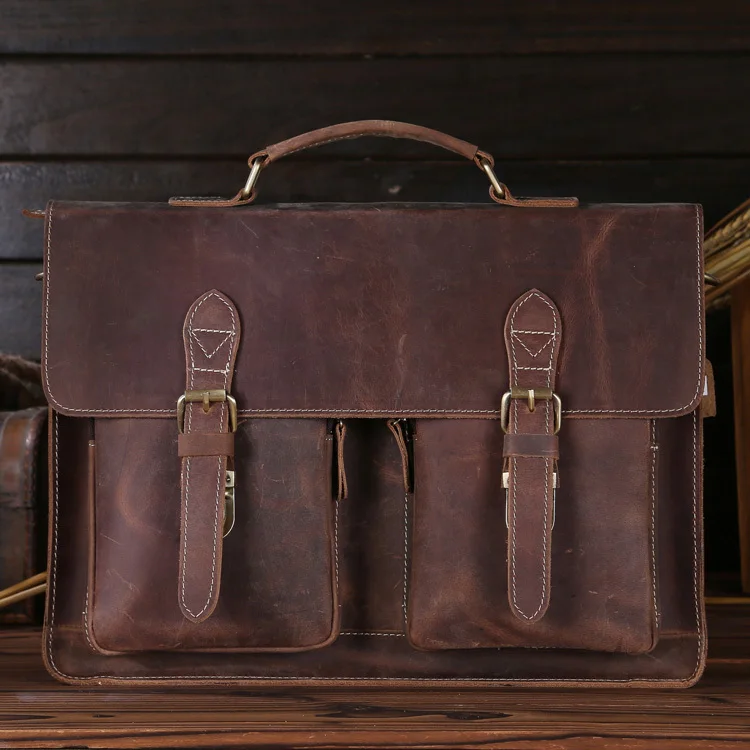 NEWEEKEND 1061 Genuine Leather Crazy Horse 15 Inch Cowhide Crossbody Briefcases Handbag Laptop iPad Bag Male Men Portfolio Tote