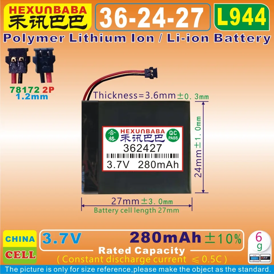 

[L944] 3.7V 280mAh [362427] MX78172 2P;Rechargeable Polymer lithium ion battery for SMART WATCH MOTO360 WX30 SNN5951A