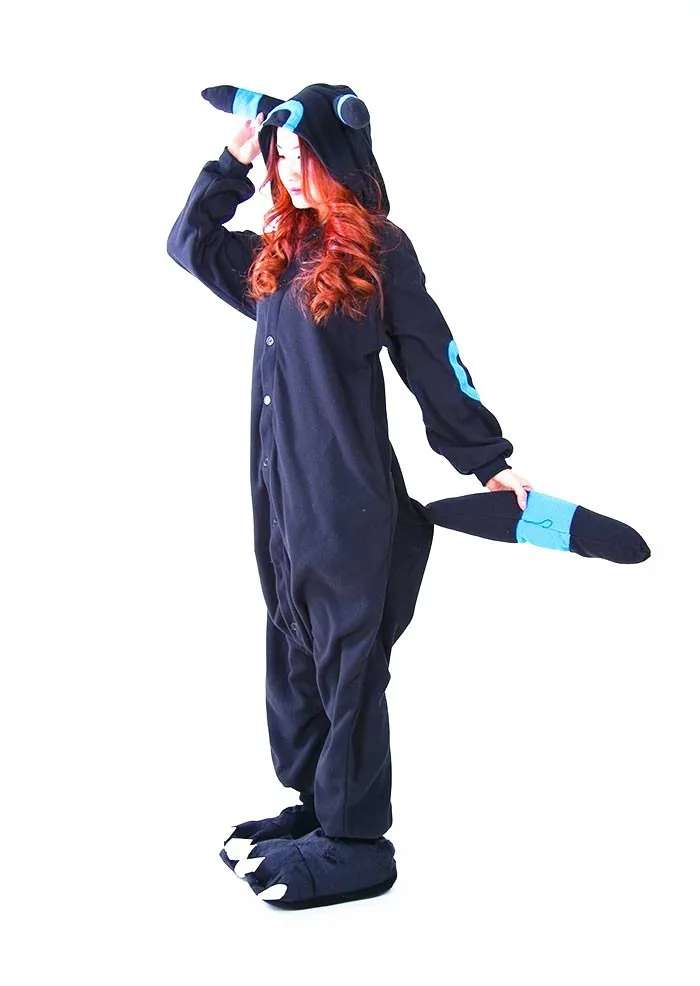 Мультфильм синий блестящий Umbreon Onesie Косплэй костюм флисовое ночное белье пижамы Хэллоуин Черный Umbreon комбинезон