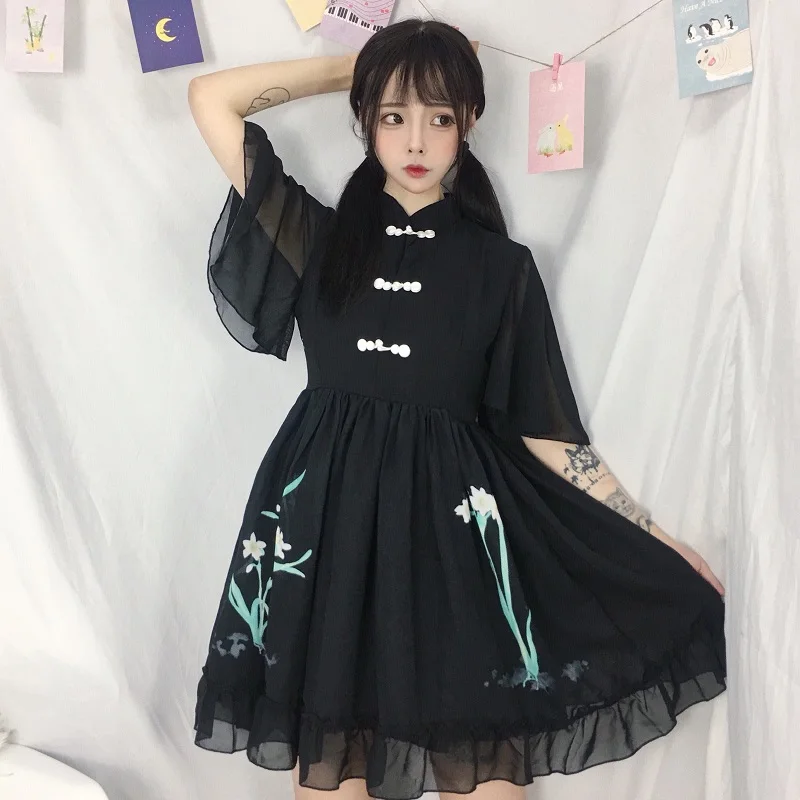 

Japanese Vintage Floral Short Sleeve White Black Dresses Women Lolita Chinese Style Harajuku Cute Chiffon Cheongsam Fairy Dress