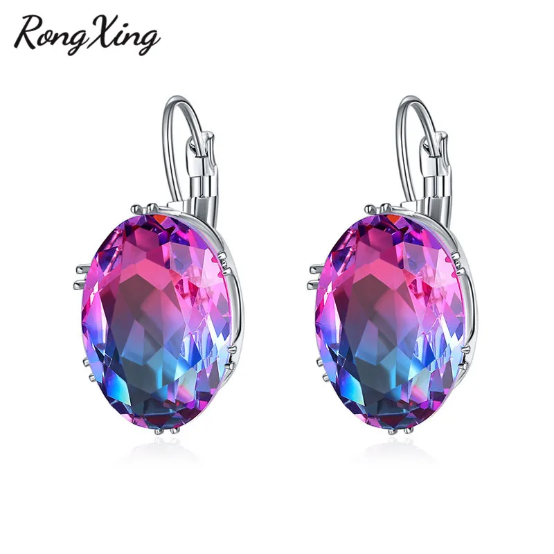 

RongXing Mystic Rainbow Fire Zircon Big Oval Stone Hoop Earrings for Women 925 Silver Filled Multicolor Crystal Earring Jewelry