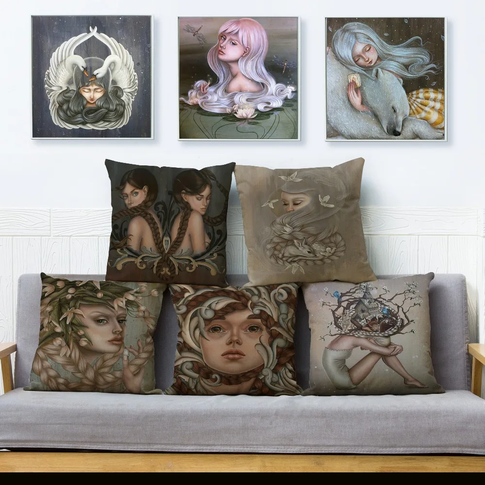 

Cute Fantasy Girl Lady Print Pillow Cover 45*45cm Cushion Cover Beige Linen Throw Pillows Cases Sofa Home Decor Cushion Covers