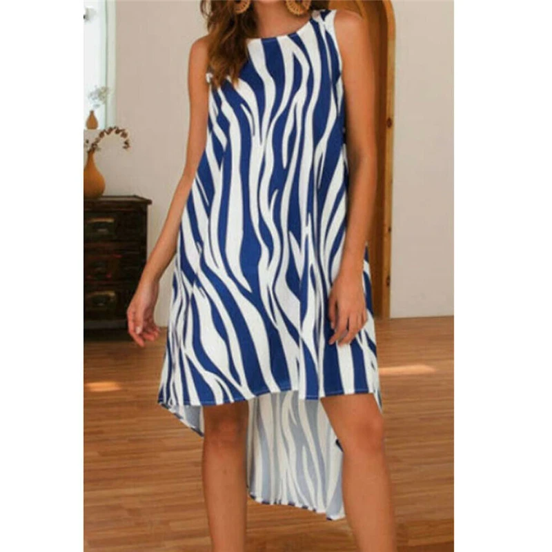 

Womens Summer Dress 2019 Vintage Zebra Print Midi Dress Elegant Office Lady Fashion Sleeveless Dress Casual Sundress Clothing