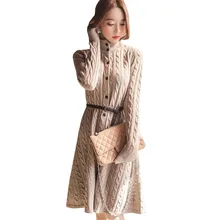 Осенне-зимнее теплое плотное платье-свитер, женские вязаные платья с поясом на пуговицах, женские пуловеры с длинным рукавом, платье Vestidos A949