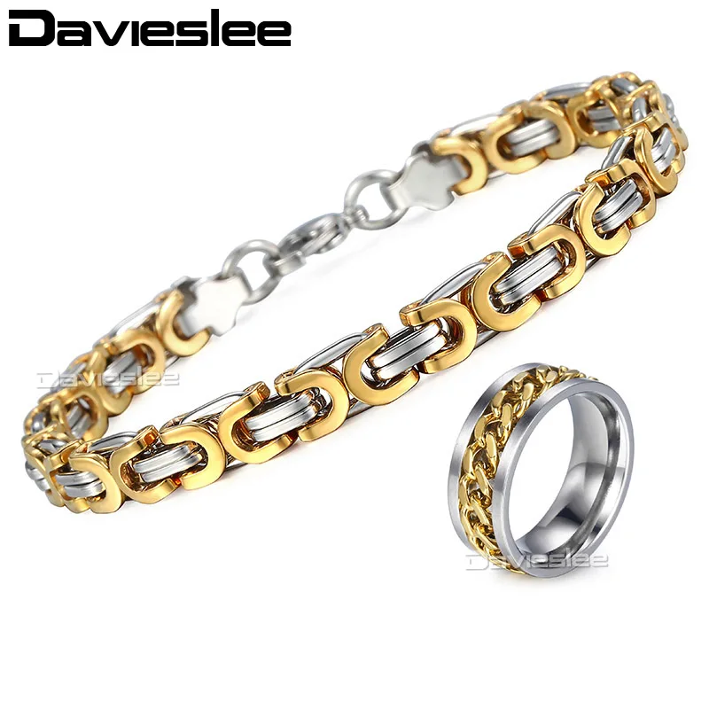 BraceletRingJewelrySetforMenStainlessSteelByzantineLinkChainBraceletMaleRingSet