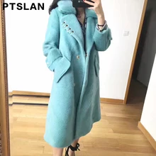 Ptslan Women Alpca Sheep Fur Coat Mink Fur Collar Fashion Women Wool Coat Long Sheep fur