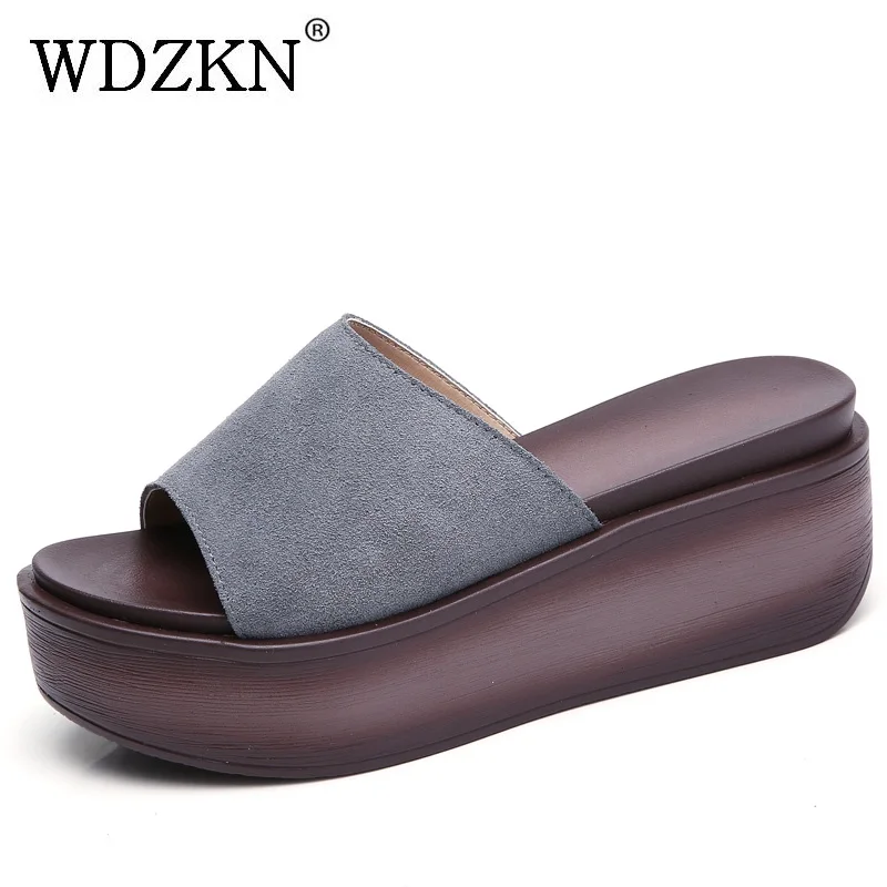 

WDZKN 2018 Summer Shoes Wedge Platform Slippers Cow Suede Peep Toe High Heels Sandals Woman Vintage Style Casual Slippers