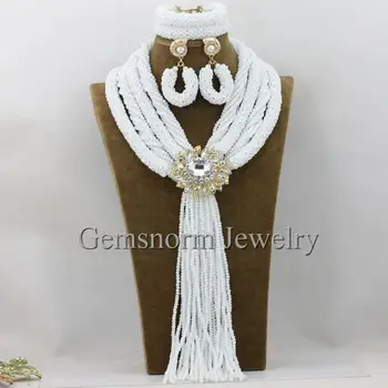 

White Traditional Nigerian Wedding African Beads Jewelry Set Big Costume Women African Jewelry Set New Free Shipping WB776