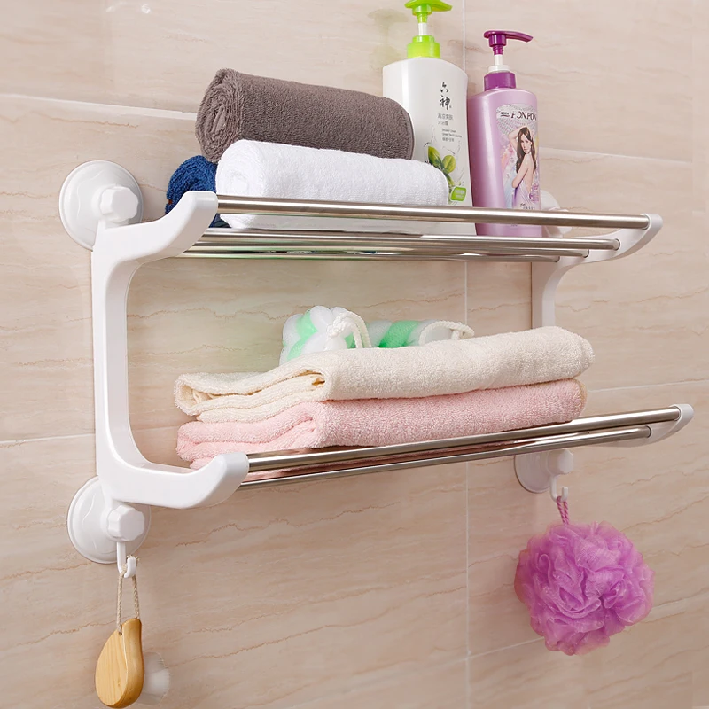 

Double Layer Bathroom Towel Racks Wall Mounted Space Stainless Steel Towels Shelf With Hooks Bath Rails Bars