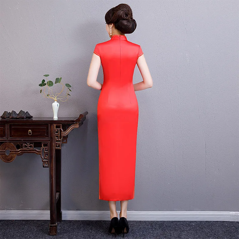 Красный Женская одежда из вискозы Cheongsam летний китайский стиль воротник стойка длинное платье женские Qipao Тонкий платья для вечеринок Vestido цветы
