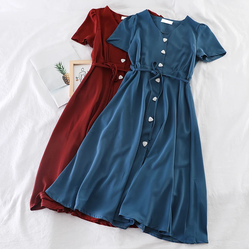 

Women Summer V-neck Short Sleeve Bandage Strap Button Dress Vintage Elastic Slim High Waist Pleated Pullover Party Midi Dress