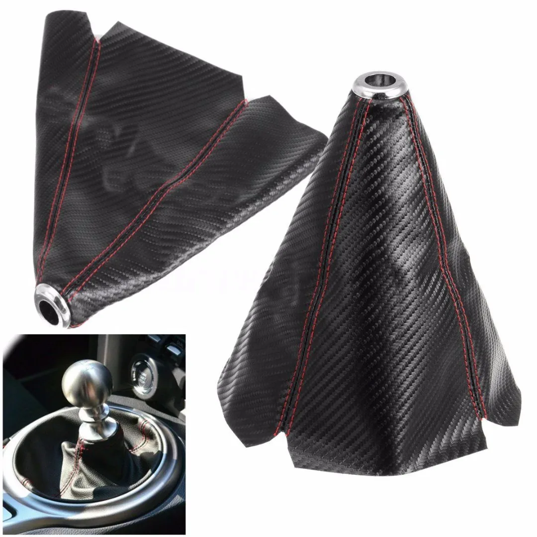 1pcs Shift Boot Cover Gaiter Universal Carbon Fiber Manual Gear Shift Knob Boot Cover Gaiter Red Stitch Black + Red Stitch Line