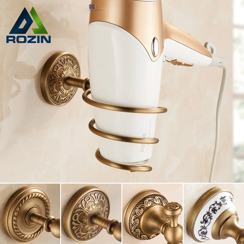 Free Shipping Antique Brass Bathroom Hotel Hair Dryer Holder Wall Mounted Bathroom Storage Holders & Racks gold finish brass bathroom hair dryer holder wall mounted